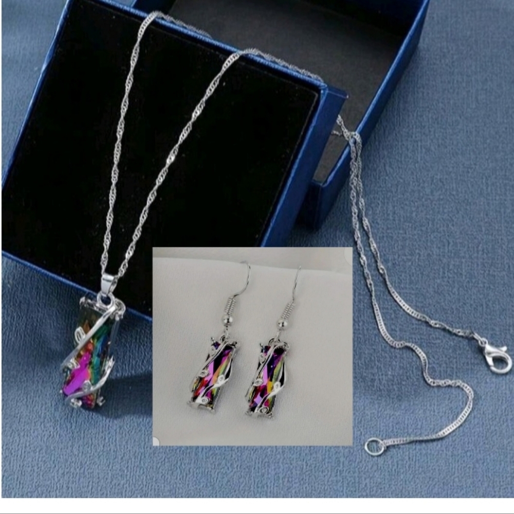 STERLING SILVER Rainbow Color Pendant Necklace & Earrings Set